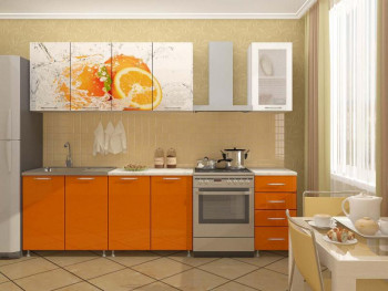 Кухонный гарнитур 1,6м Апельсин (Белый/Оранжевый металлик/Фотопечать апельсин) в Багане - bagan.mebel54.com | фото